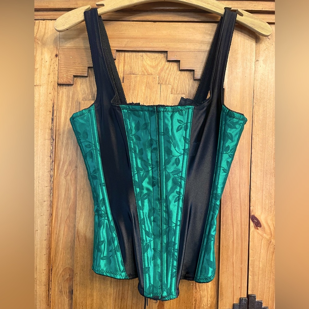 Emerald satin lace up corset with ivy pattern